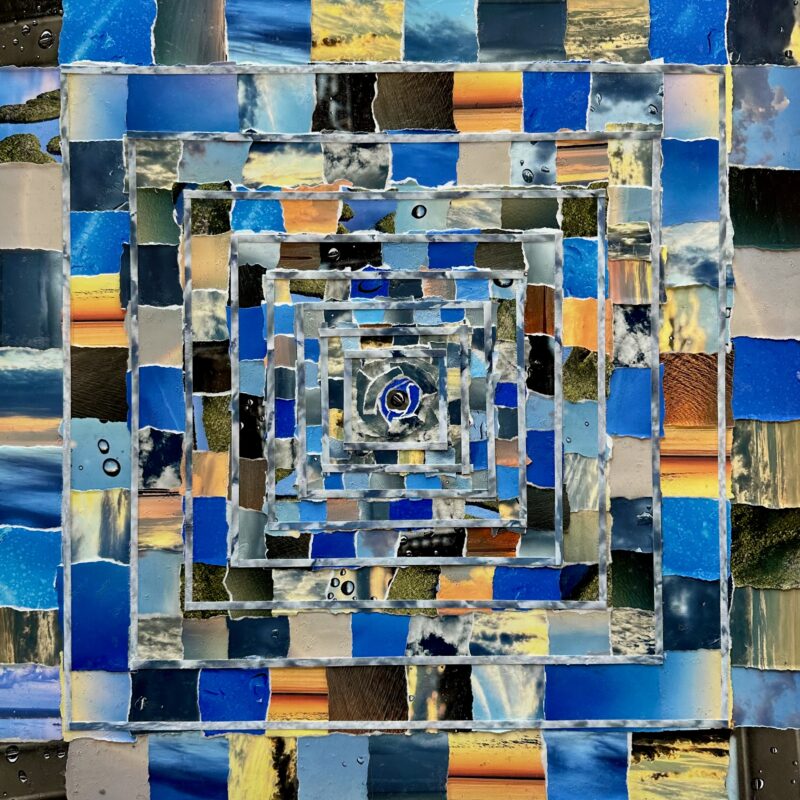 Water and Sky, 28 in x 28in collage on mat, 2024