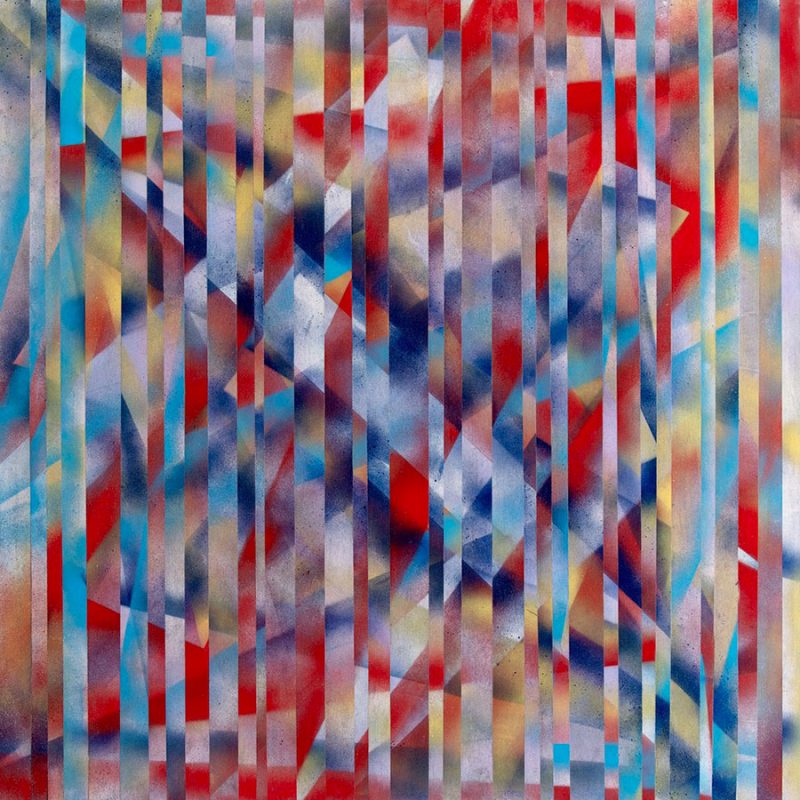 Interiors, 32” x 32” acrylic and collage on wood panel, 2025