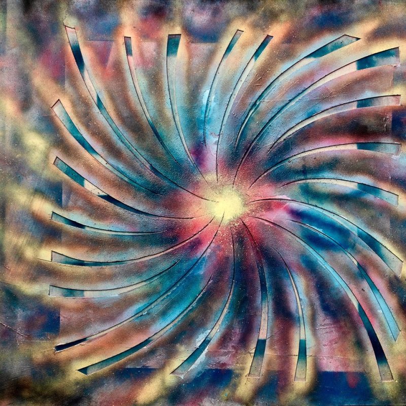 El Fuego, 30” x 40” collage and acrylic on wood panel, 2025