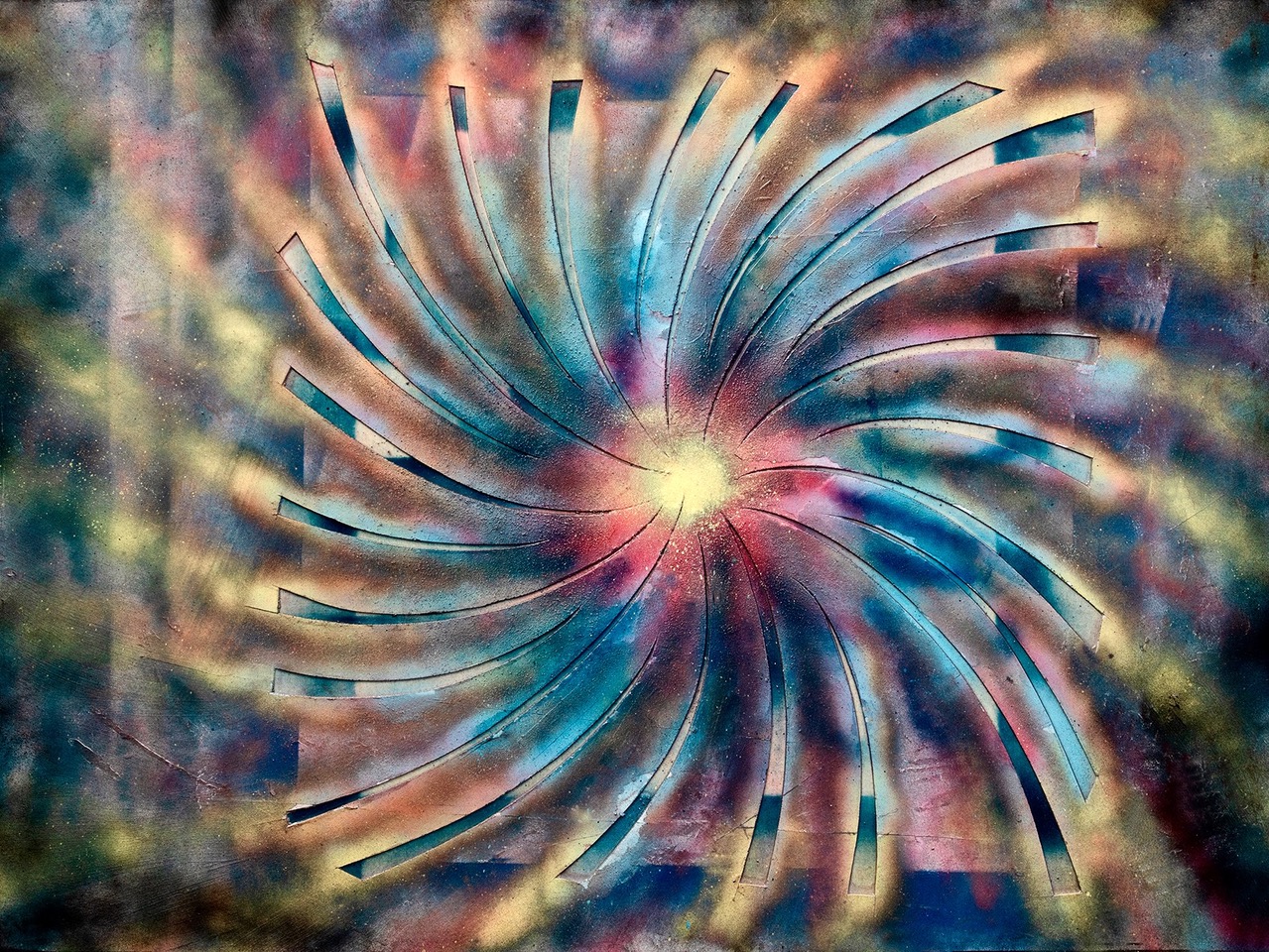 El Fuego, 30” x 40” collage and acrylic on wood panel, 2025